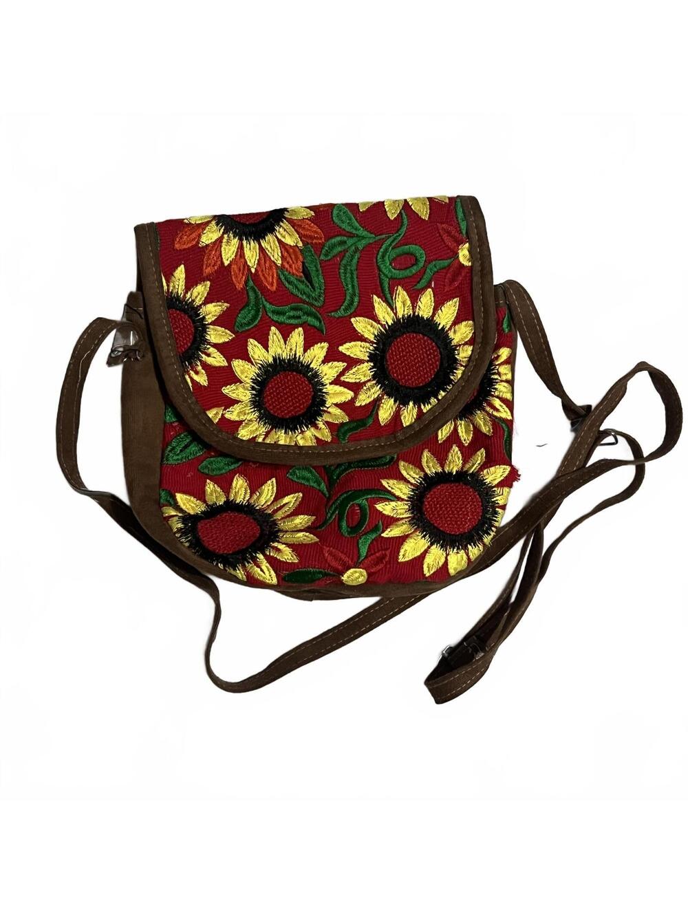 Embroidered Sunflower Crossbody Bag with Flap Closure